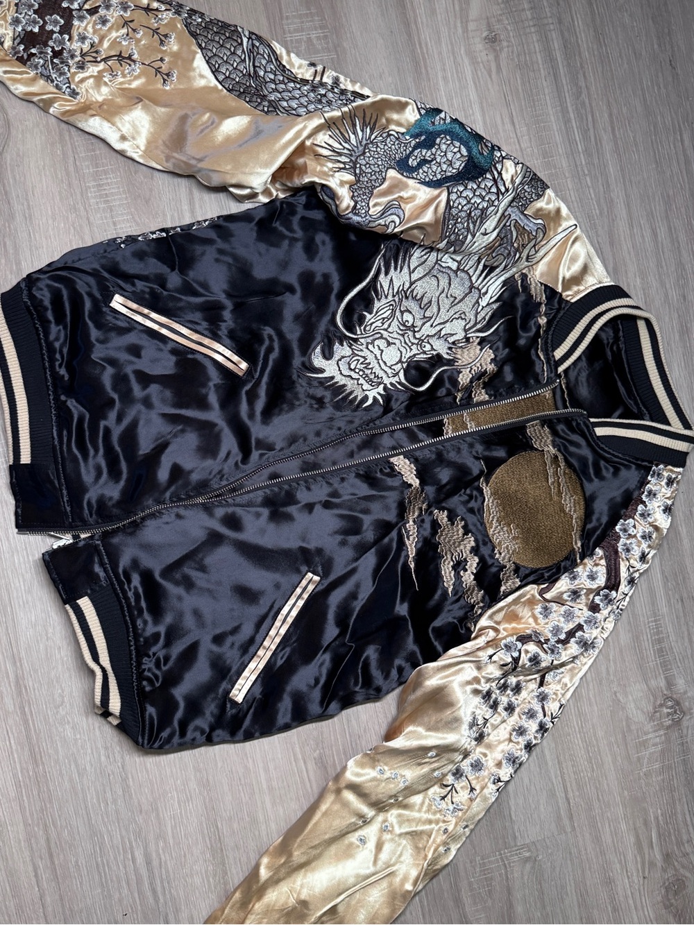 Embroidered Dragon Satin Bomber Jacket - Black & Gold